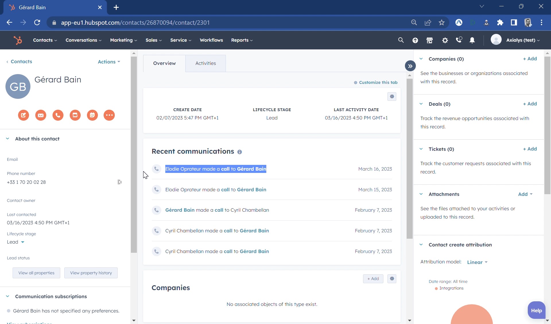 Interface historique appels sur Hubspot