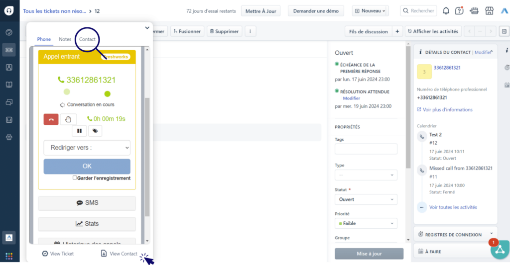 Intégration Freshworks Axialys - fiche contact