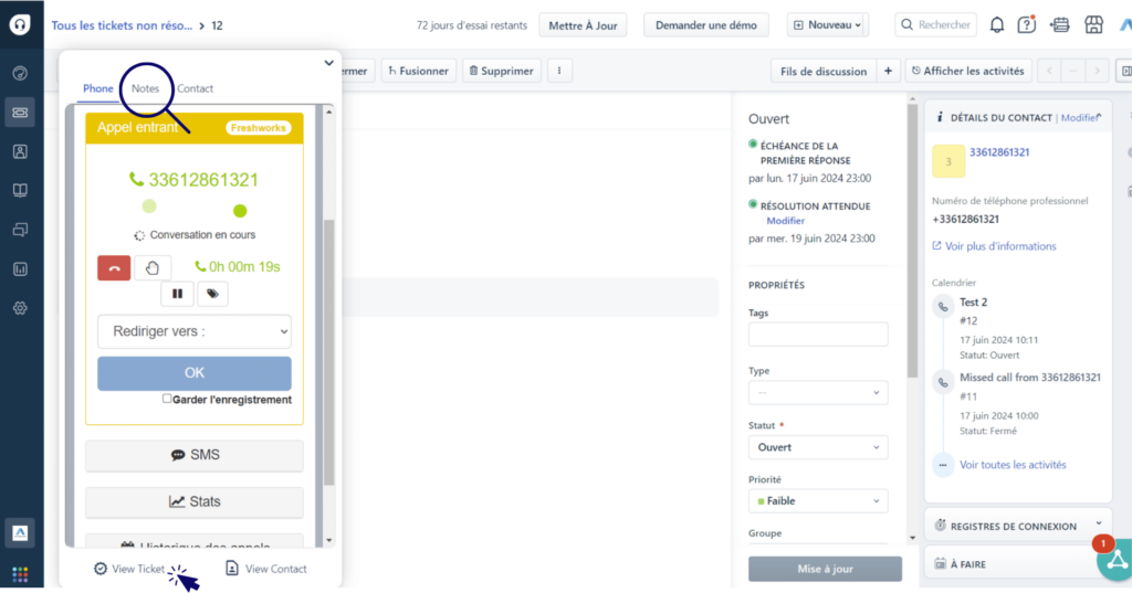Intégration Freshworks Axialys - consultation et mise à jour du ticket pendant l'appel